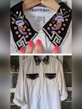 VTG 90s Dakota Blue Embellished Embroidered Bedazzled Black Shirt Pink Accents